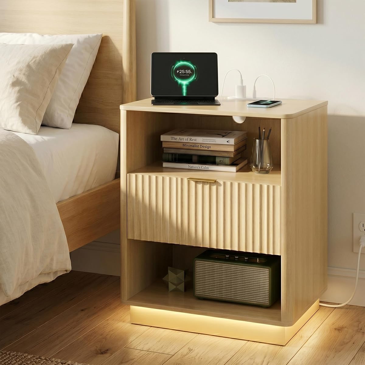Fluted Nightstand with Charging Station, Wooden Night Stand with LED Light, Modern Mid Century Bedside End Table with Drawer, 20" W x 15.7" D x 24" H, for Bedroom, Light Oak