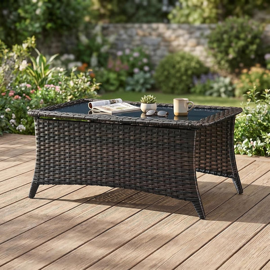 Outdoor Coffee Table with Tempered Glass Top, Patio Rectangular Brown Wicker