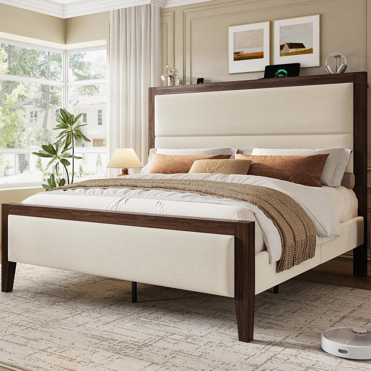 Queen Wood Bed Frame with Upholstered Charging Station Headboard