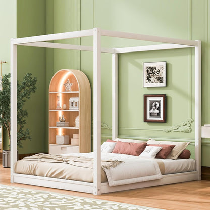 Queen Size Canopy Bed, Wood Queen Platform Floor Bed with Slat Support