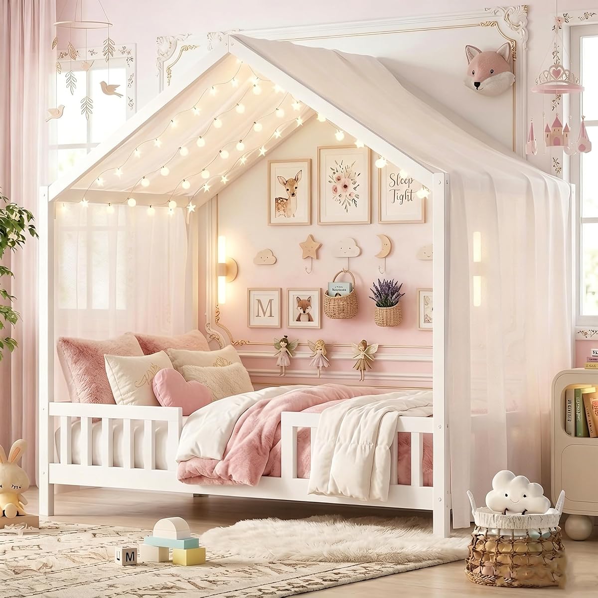 Twin Montessori House Bed with High Rails, Low Floor Bed Twin with Roof & Canopy
