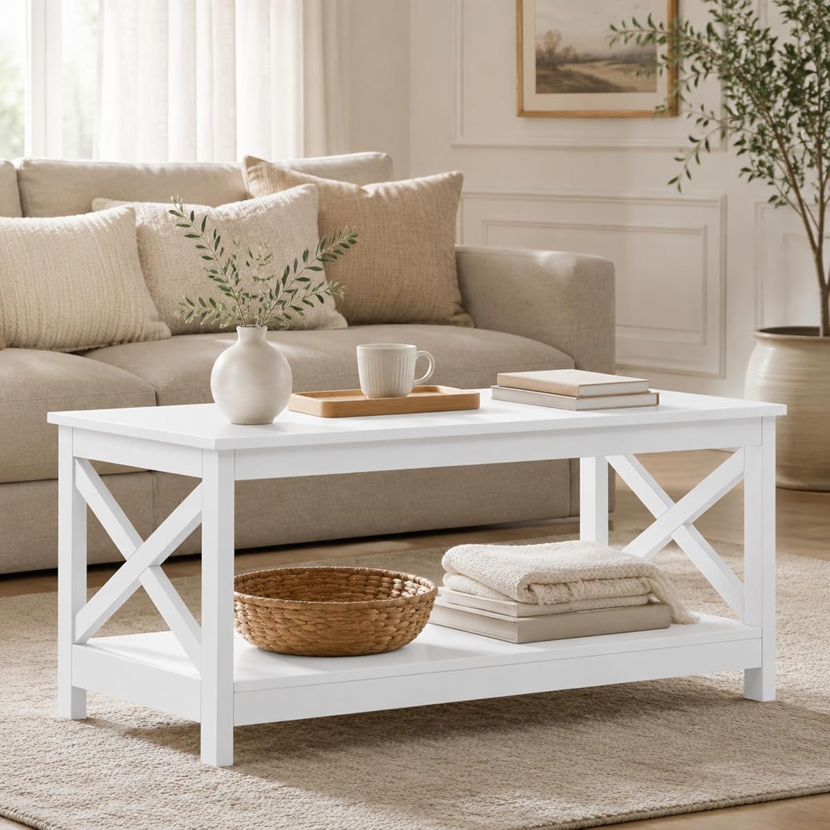 White Coffee Table for Living Room, X-Design Storage Shelf, 39.5"
