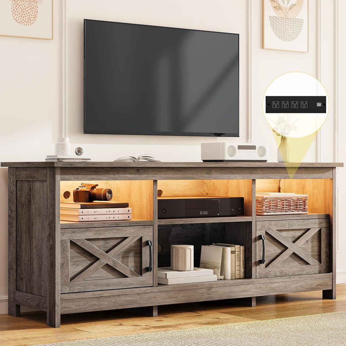 Farmhouse TV Stand with Storage for up to 65 Inch TV, Washed Grey