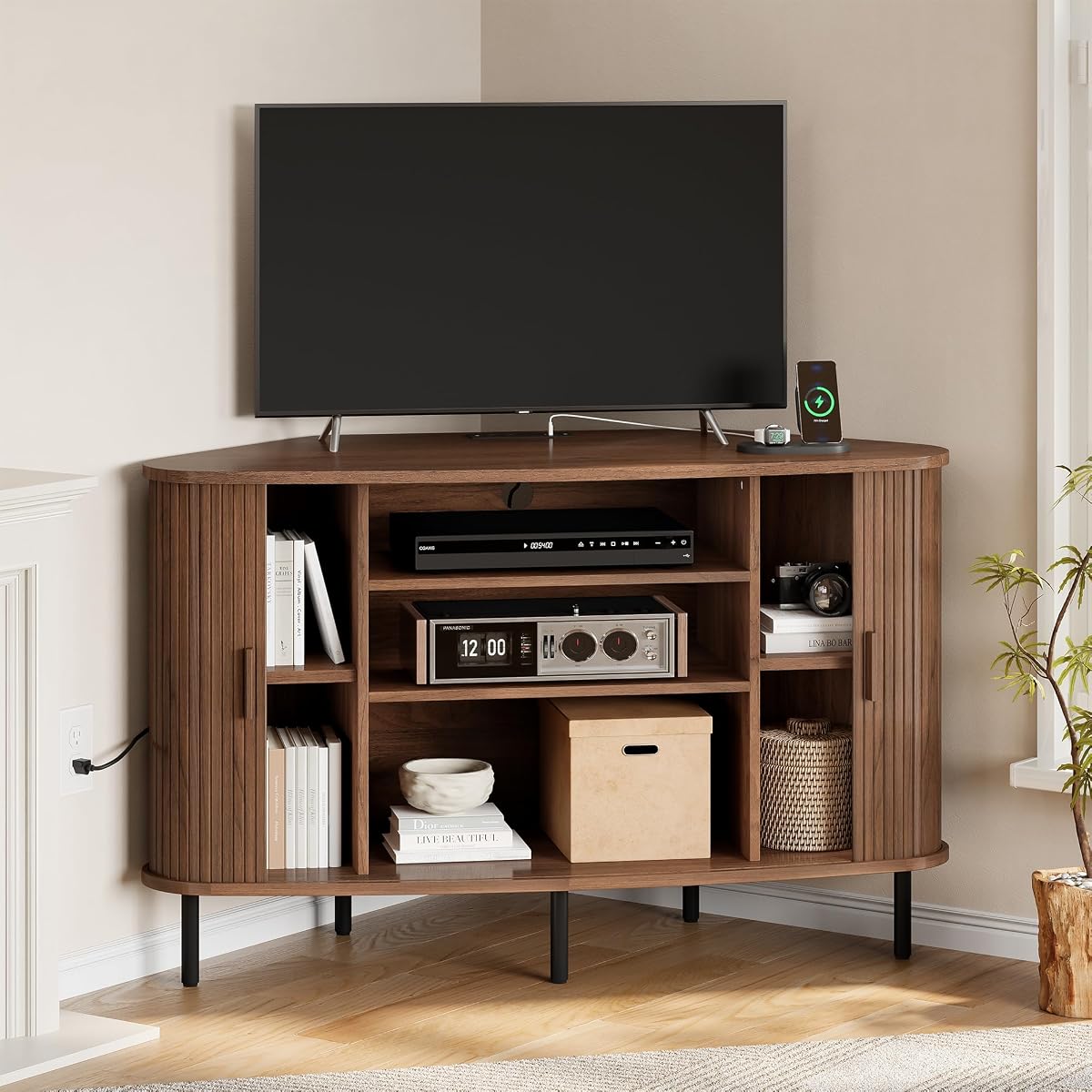 47" Corner TV Stand, Fluted TV Cabinet for 55 Inch TVs, Walnut
