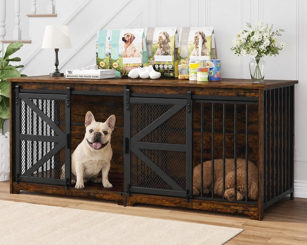 63in Double Dog Crate Furniture with Sliding Door