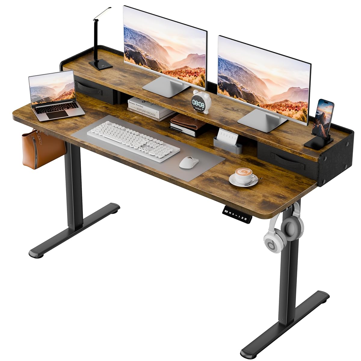 Electric Standing Desk with 2 Drawers, Adjustable Height Computer Desk with Monitor Shelf Sit Stand Table with Splice Board Quick Install for Home Office (Rustic Brown, 48 Inch)