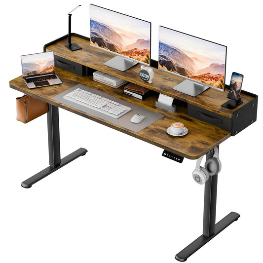 Electric Standing Desk with 2 Drawers, Adjustable Height Computer Desk with Monitor Shelf Sit Stand Table with Splice Board Quick Install for Home Office (Rustic Brown, 48 Inch)