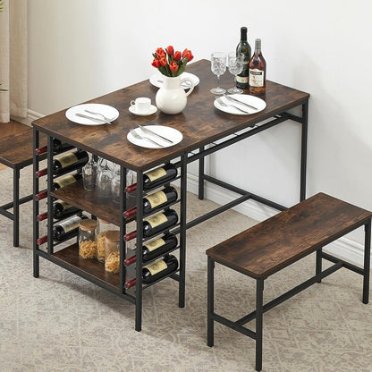 Dining Table Set for 4, Kitchen Table with 2 Benches, Wine Rack and Storage Shelf, Rectangular Dining Room Table Set, 3 Piece Dining Table Set for Small Space, Apartment, Dinette, Rustic Brown