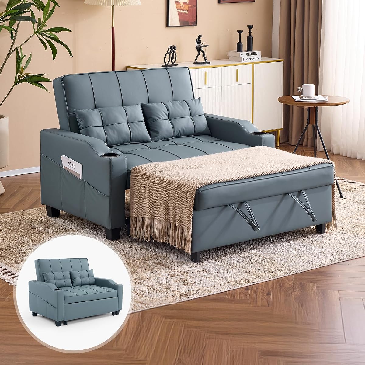 Blue Grey Futon Sofa Bed Convertible Loveseat Sleeper Couch, Faux Leather Pullout Sofa Fold Out Couch Bed with USB Ports, Cup Holders, Armrest for Living Room, Bedroom Apartment Room