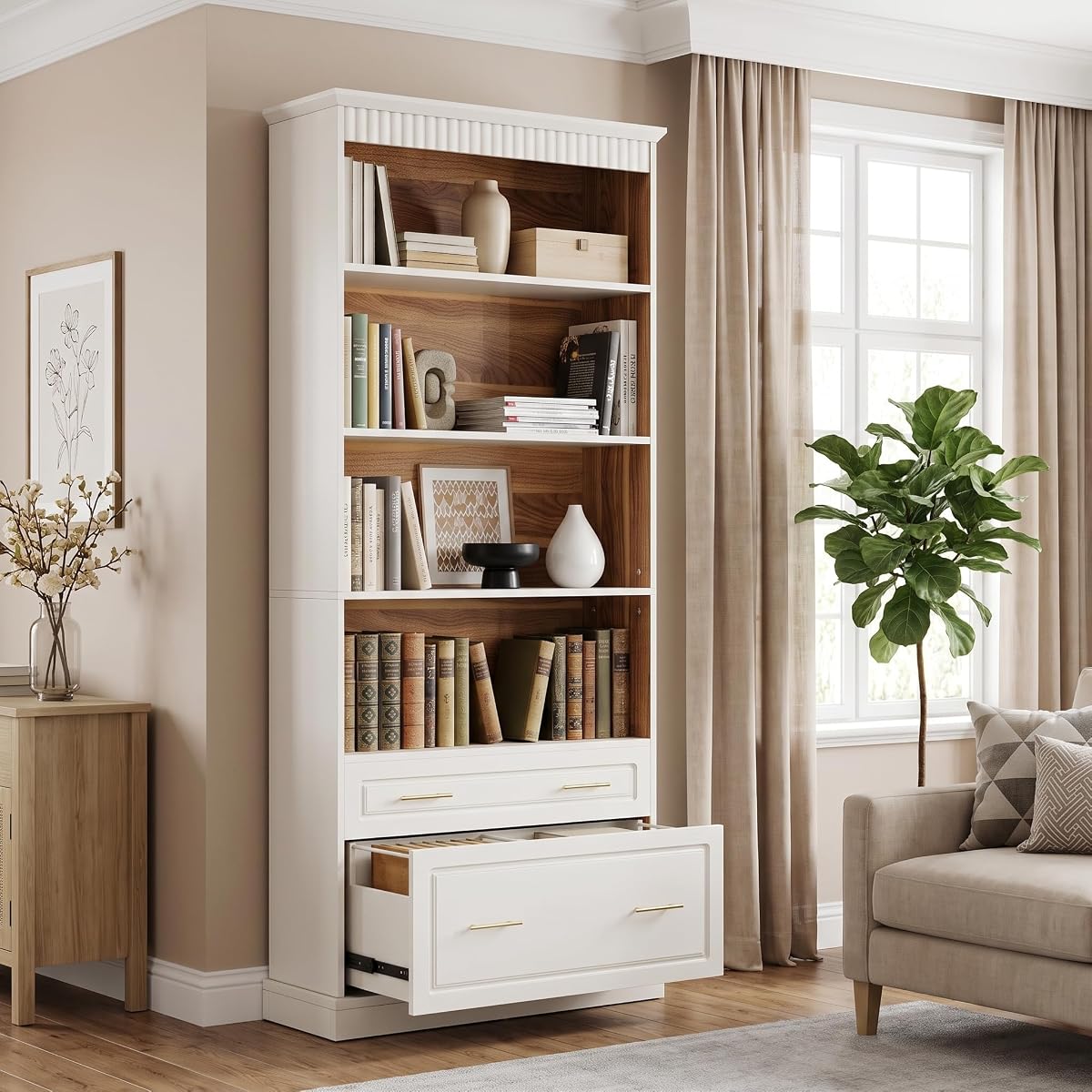 72.8-Inch Tall 4-Shelf Bookcase with 2 Drawers