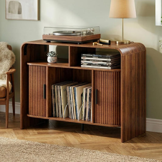 Vinyl Record Player Stand with Sliding Doors