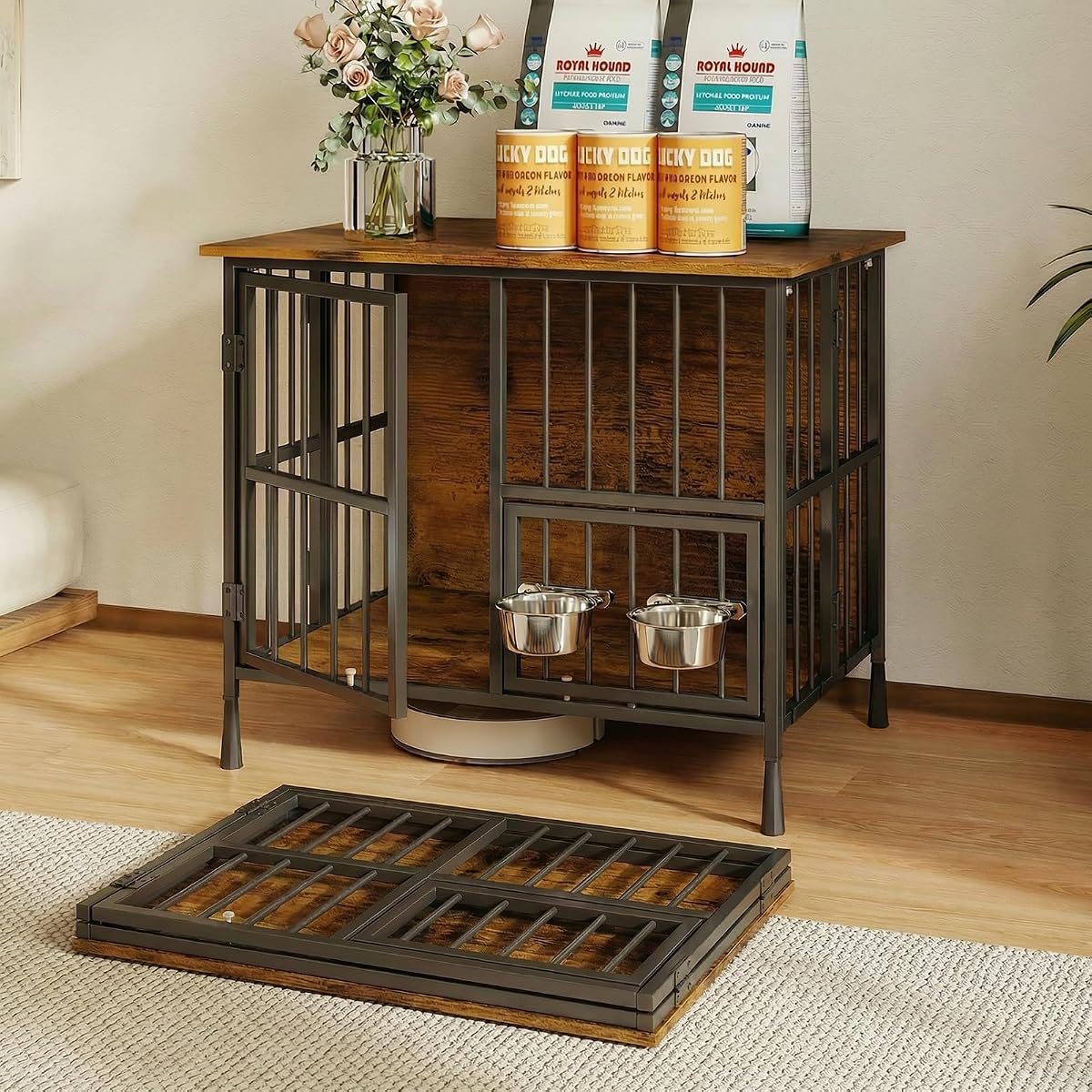 27'' Foldable Dog Crate Furniture, Small Dog Kennel with 2 Bowls