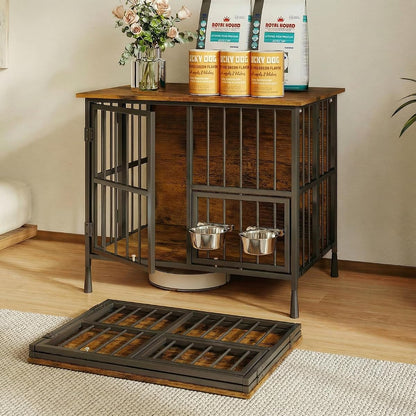 27'' Foldable Dog Crate Furniture, Small Dog Kennel with 2 Bowls