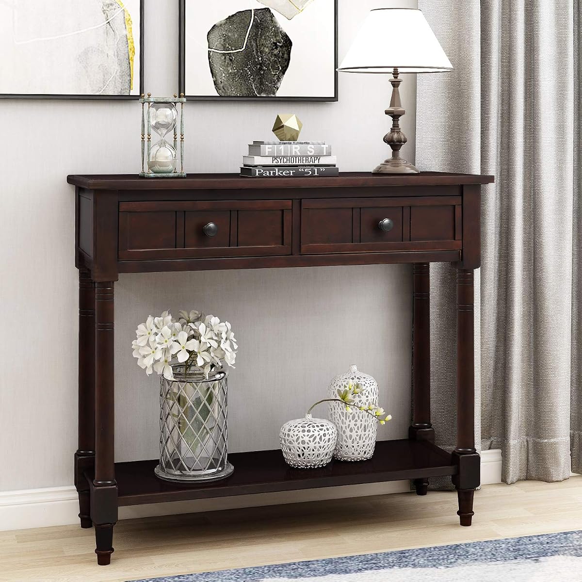Knocbel 35.5 Inch Antique Entry Console Table with Drawers & Bottom Open Shelf, Solid Wood Sofa Couch Table for Entryway Hallway Living Room (Espresso)
