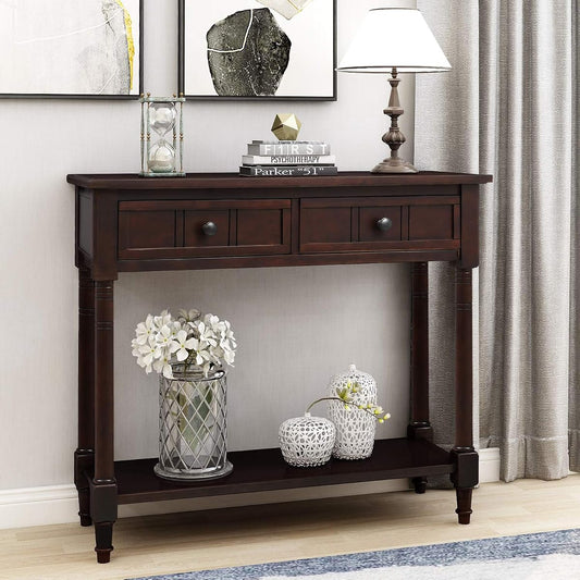 Knocbel 35.5 Inch Antique Entry Console Table with Drawers & Bottom Open Shelf, Solid Wood Sofa Couch Table for Entryway Hallway Living Room (Espresso)