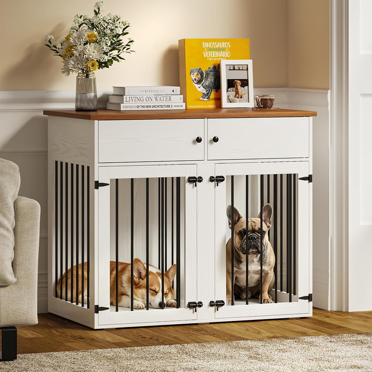 Dog Crate Furniture for 2 Dogs, 41 Inch Double Dog Cage, White