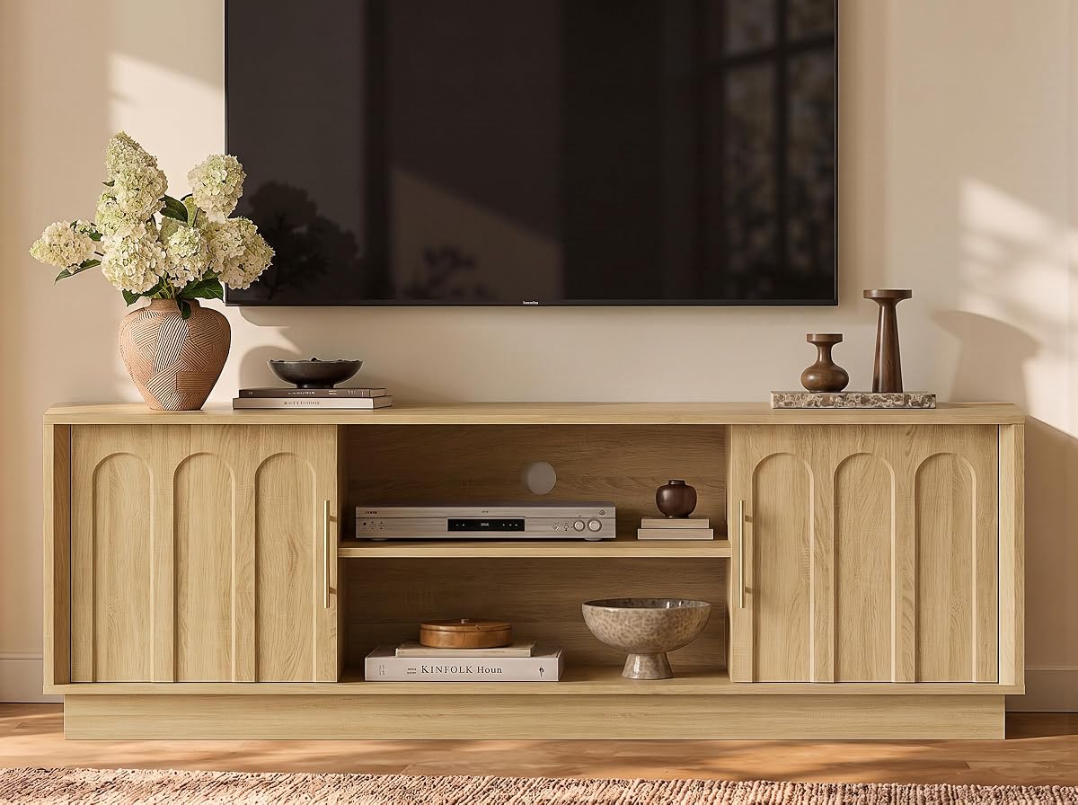 59" Modern TV Stand with Storage, Oak, Arched Design