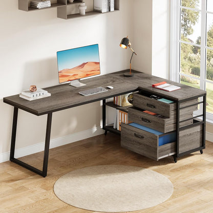 Tribesigns 53" L Shaped Office Desk, Reversible Corner Computer Desk with 3 File Drawers and 2 Storage Shelves for Home Office, Study, Gaming Room (Grey)