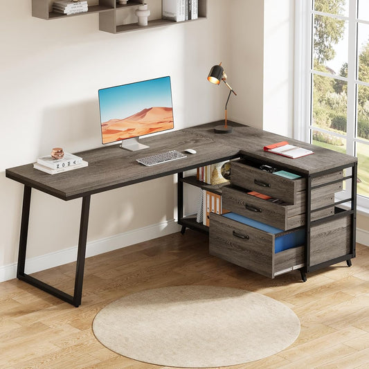 Tribesigns 53" L Shaped Office Desk, Reversible Corner Computer Desk with 3 File Drawers and 2 Storage Shelves for Home Office, Study, Gaming Room (Grey)