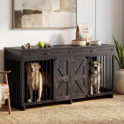 Dog Crate Furniture TV Stand with Storage Drawers, Large Wooden Kennel