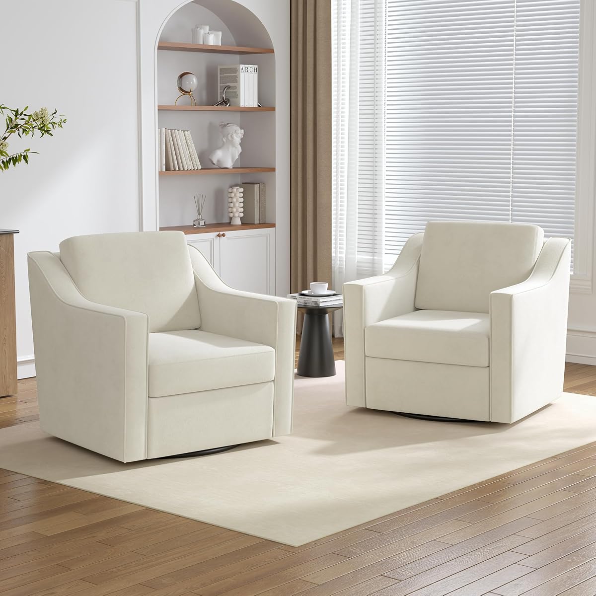 Swivel Accent Chairs Set of 2, 360° Swivel Upholstered Club Armchairs for Living Room, Comfy Single Sofa Reading Chair with Deep Seat, Metal Swivel Base, Chenille Fabric, Beige