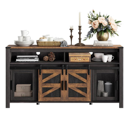 Farmhouse Buffet Cabinet, Rustic Sideboard with Sliding Barn Doors, 59" Coffee Bar Storage Cabinet with Mesh Doors, Cupboard Table for Kitchen, Dining Room, Living Room，Antique Black & Brown