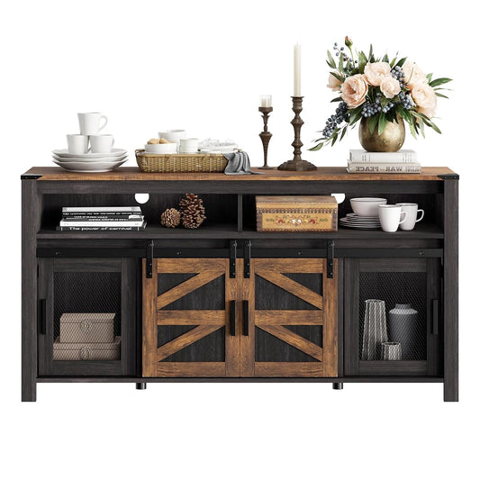 Farmhouse Buffet Cabinet, Rustic Sideboard with Sliding Barn Doors, 59" Coffee Bar Storage Cabinet with Mesh Doors, Cupboard Table for Kitchen, Dining Room, Living Room，Antique Black & Brown