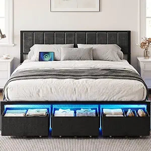King Bed Frame with 3 Drawers, Charging Station & RGB LED Lights, view 2