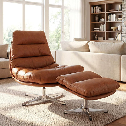 Brown Swivel Lounge Chair with Ottoman Modern PU Leather Accent Chair with Footrest 33'' Wide Oversized Armless Upholstered Reading Chair with Footstool for Living Room Bedroom Comfy