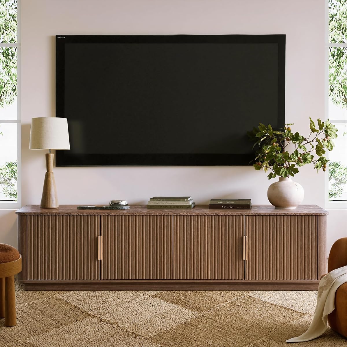 67" Fluted TV Stand with Storage, Faux Marble Top, Walnut