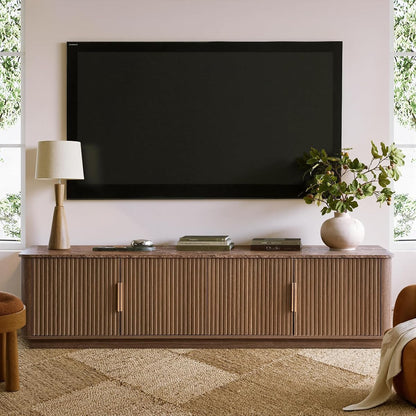 67" Fluted TV Stand with Storage, Faux Marble Top, Walnut