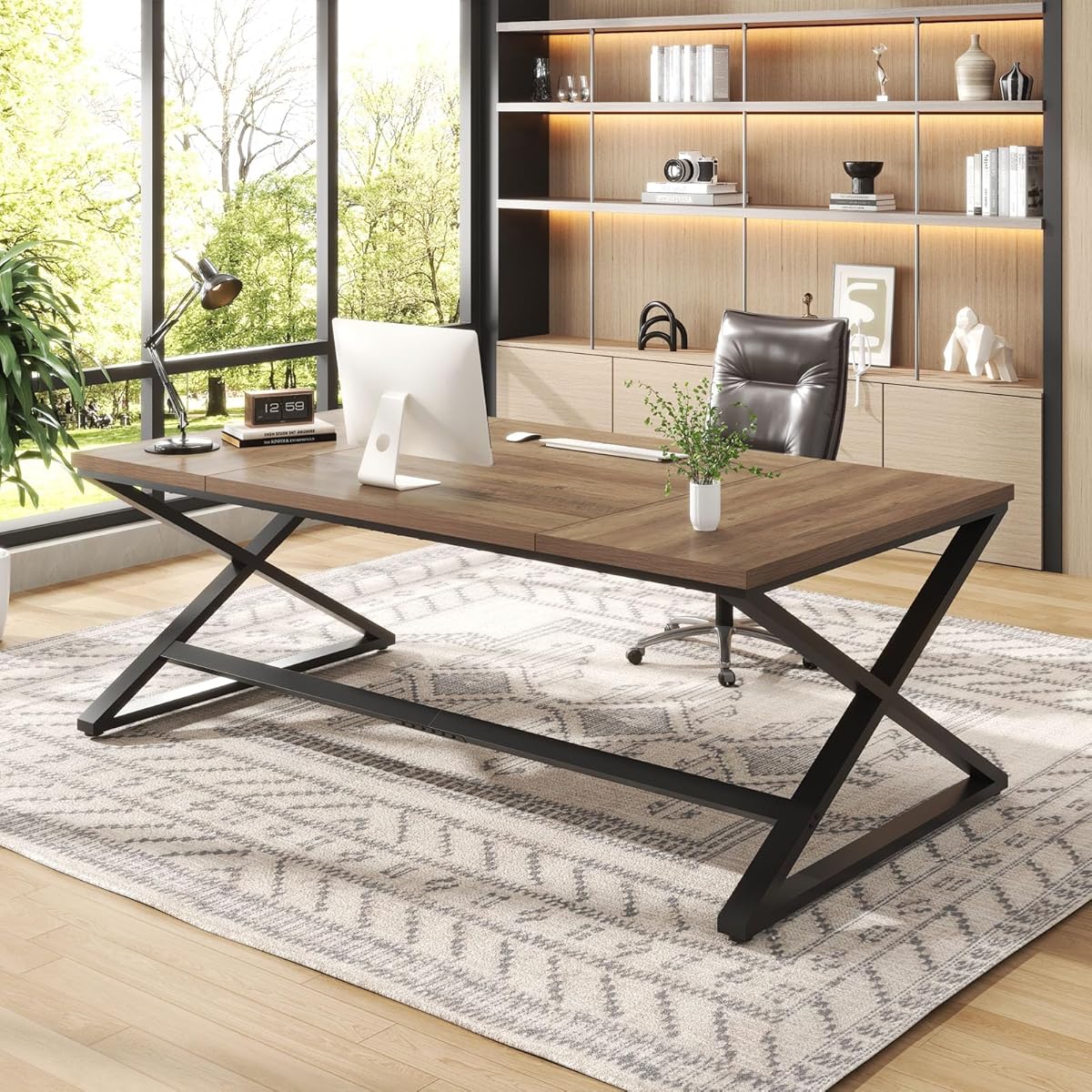 Wood Large Computer Desk, 70.8” Long Home Office Desk for Two Person, Farmhouse Work Study Writing Table in Bedroom, Simple Wide Metal Executive Double PC Gaming Workstation, Rustic Oak