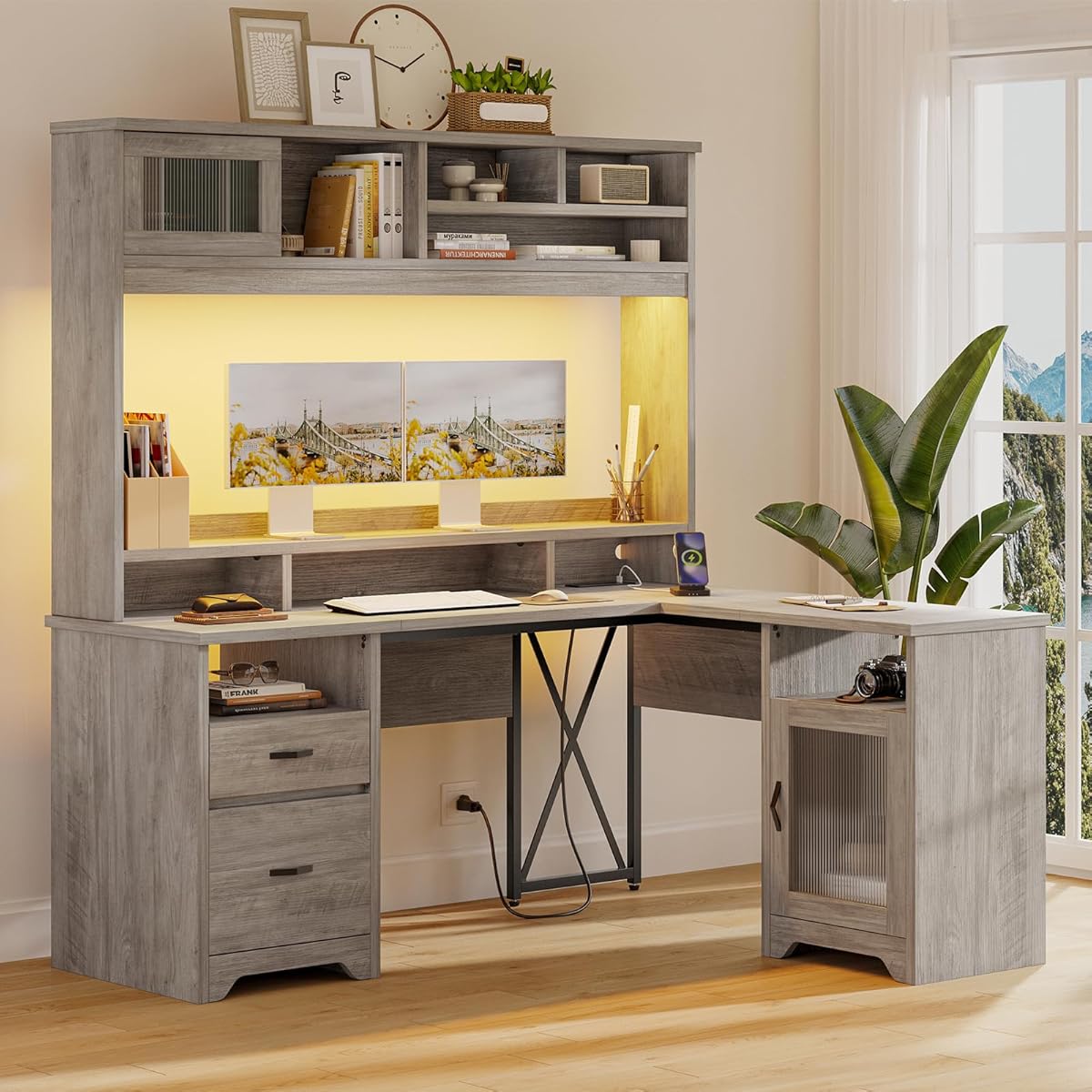 Farmhouse 63" L Shaped Desk with Hutch, Wood Computer Desk with Drawers, Charging Station, LED Light, Fluted Sliding Door Cabinet, Monitor Stand, Executive Desk for Home Office, Grey
