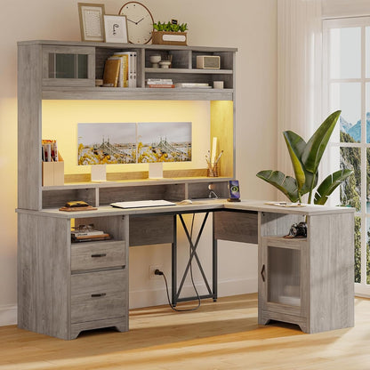 Farmhouse 63" L Shaped Desk with Hutch, Wood Computer Desk with Drawers, Charging Station, LED Light, Fluted Sliding Door Cabinet, Monitor Stand, Executive Desk for Home Office, Grey
