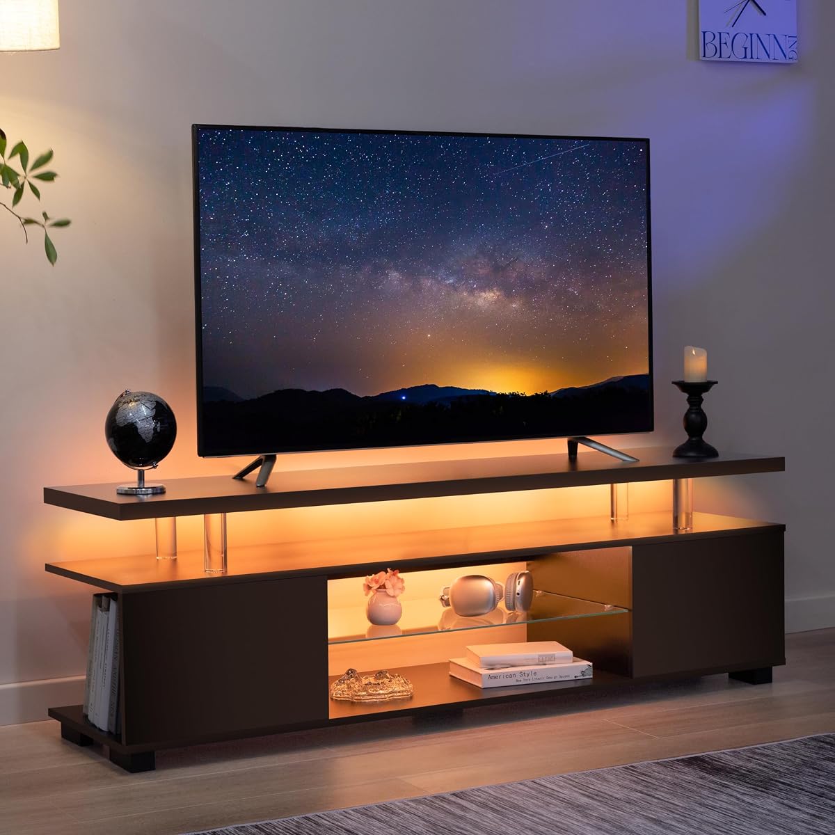 Black TV Stand,LED TV Stand for Living Room,Glass Entertainment Center TV Stand, TV Console Tables for Living Room,Bedroom,Home Office