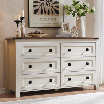 54" Wide Farmhouse 6-Drawer Dresser for Bedroom, Antique White | Rustic, Wood Storage Cabinet, Metal Handle, Unique Corner Accent, Bedroom, Living Room, Hallway