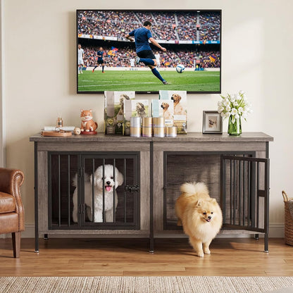 54" Double Dog Crate Furniture for 2 Dogs, Gray Wood Grain