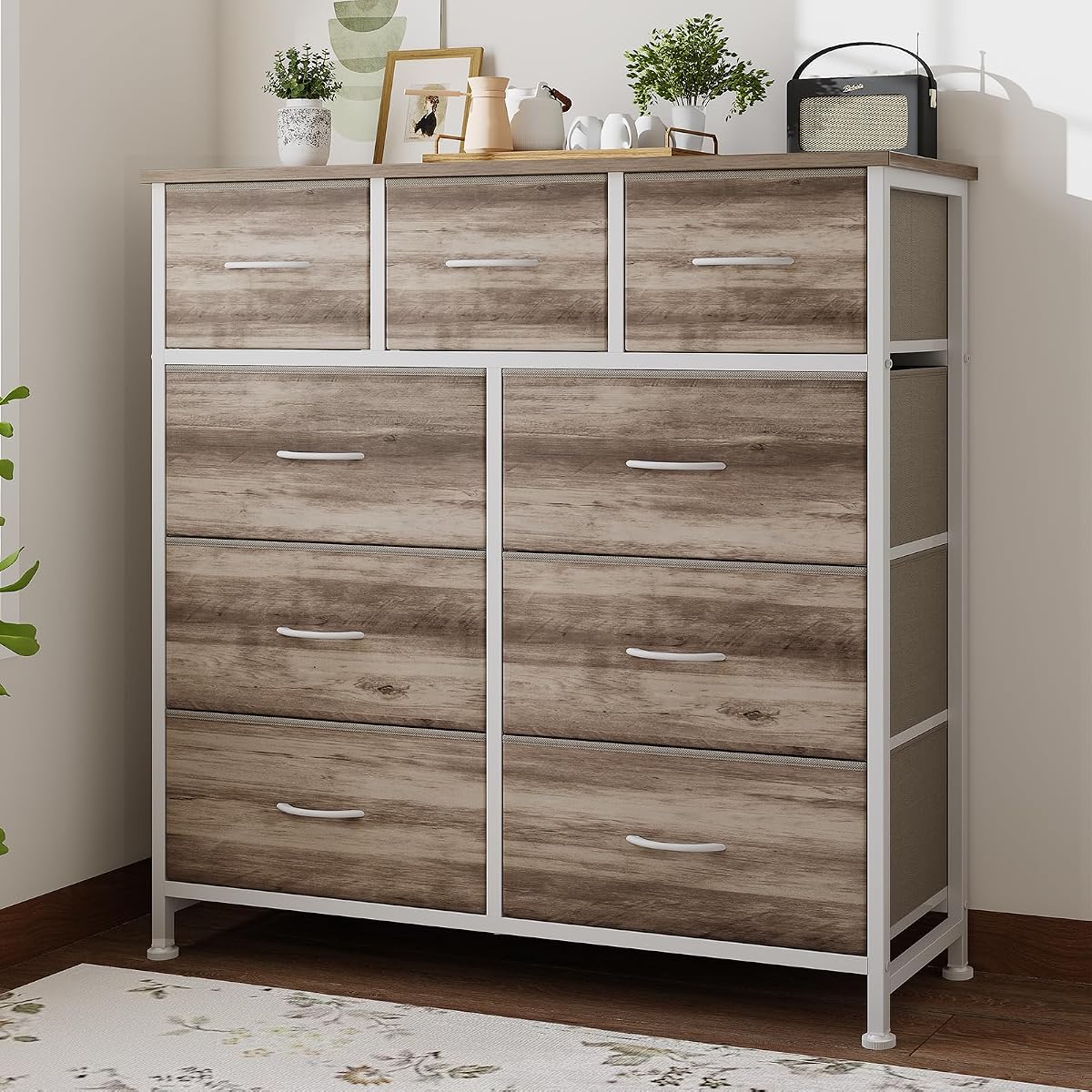 Fabric Dresser for Bedroom with 9 Drawers, Storage Tower