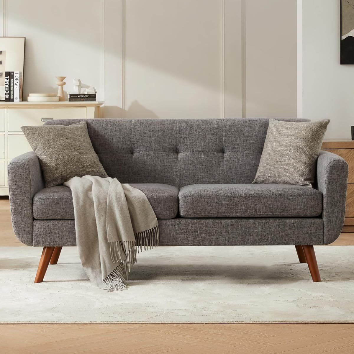 65" W Loveseat Sofa, Mid Century Modern Love Seat Couches for Living Room, Button Tufted Upholstered Small Couch for Bedroom, Solid and Easy to Install Love Seats Furniture, Grey
