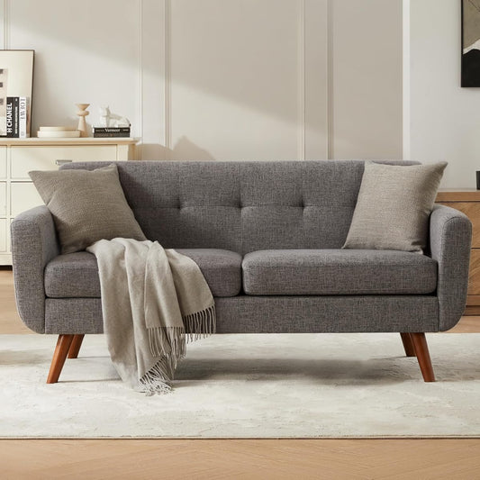 65" W Loveseat Sofa, Mid Century Modern Love Seat Couches for Living Room, Button Tufted Upholstered Small Couch for Bedroom, Solid and Easy to Install Love Seats Furniture, Grey