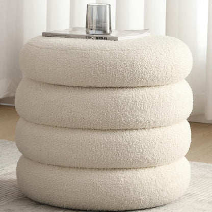 Boucle Ottoman with Storage, Small Round Footrest Stool for Living Room Bedroom, Upholstered Sherpa Vanity Seat with Removable Lid, Modern Comfy Foot Stool for Couch Entryway, Off White