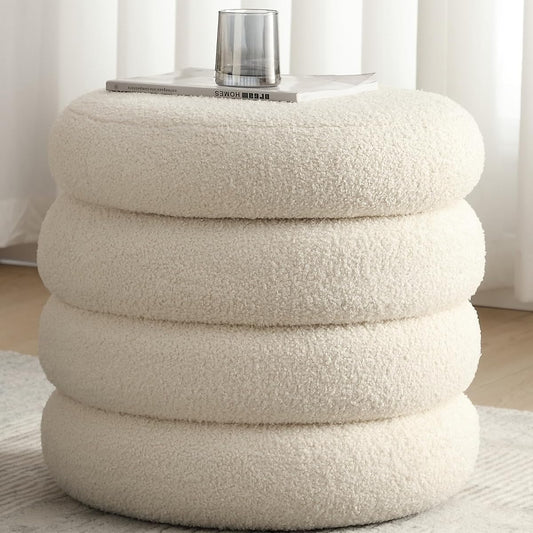 Boucle Ottoman with Storage, Small Round Footrest Stool for Living Room Bedroom, Upholstered Sherpa Vanity Seat with Removable Lid, Modern Comfy Foot Stool for Couch Entryway, Off White