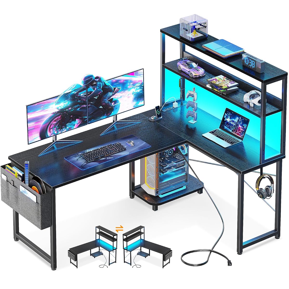 L Shaped Gaming Desk with Hutch & Power Outlet & LED Lights