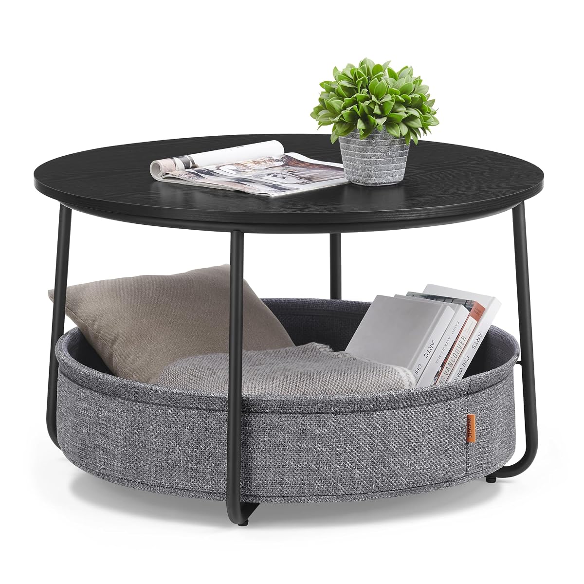 VASAGLE LILEA Collection - Coffee Table with Storage, Round Center Table for Living Room with Fabric Basket, Modern Style, Metal Frame, Ebony Black and Slate Gray ULCT244B56