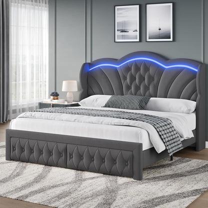 Queen Bed Frame with LED Lights and 2 Storage Drawers, Velvet Upholstered Platform with 47" Tall Arc-Shaped Wingback Headboard and Button Tufted Design, No Box Spring Needed, Noise-Free, Gray