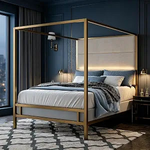 JIJIWANG Queen Size Canopy Bed Frame with Linen Headboard & 4-Poster, Gold, view 2