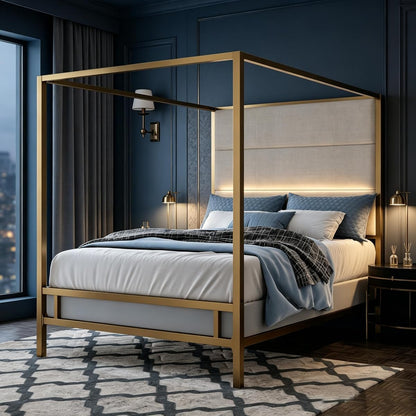 JIJIWANG Queen Size Canopy Bed Frame with Linen Headboard & 4-Poster, Gold