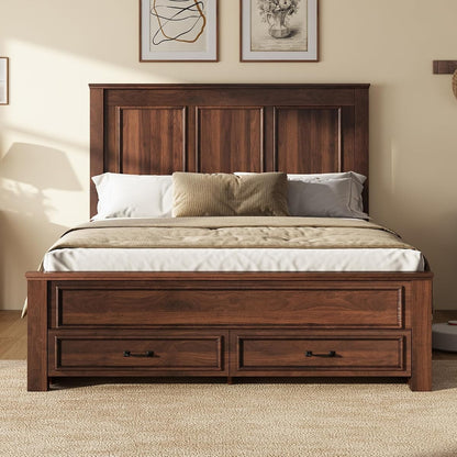 52.2" Queen Size Farmhouse Bed Frame with Headboard, Rustic Brown