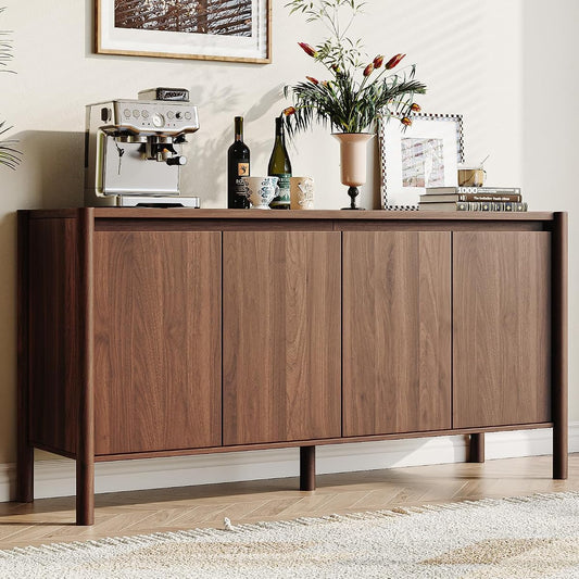59 Inch Walnut Buffet Cabinet, Mid Century Wood Sideboard Storage