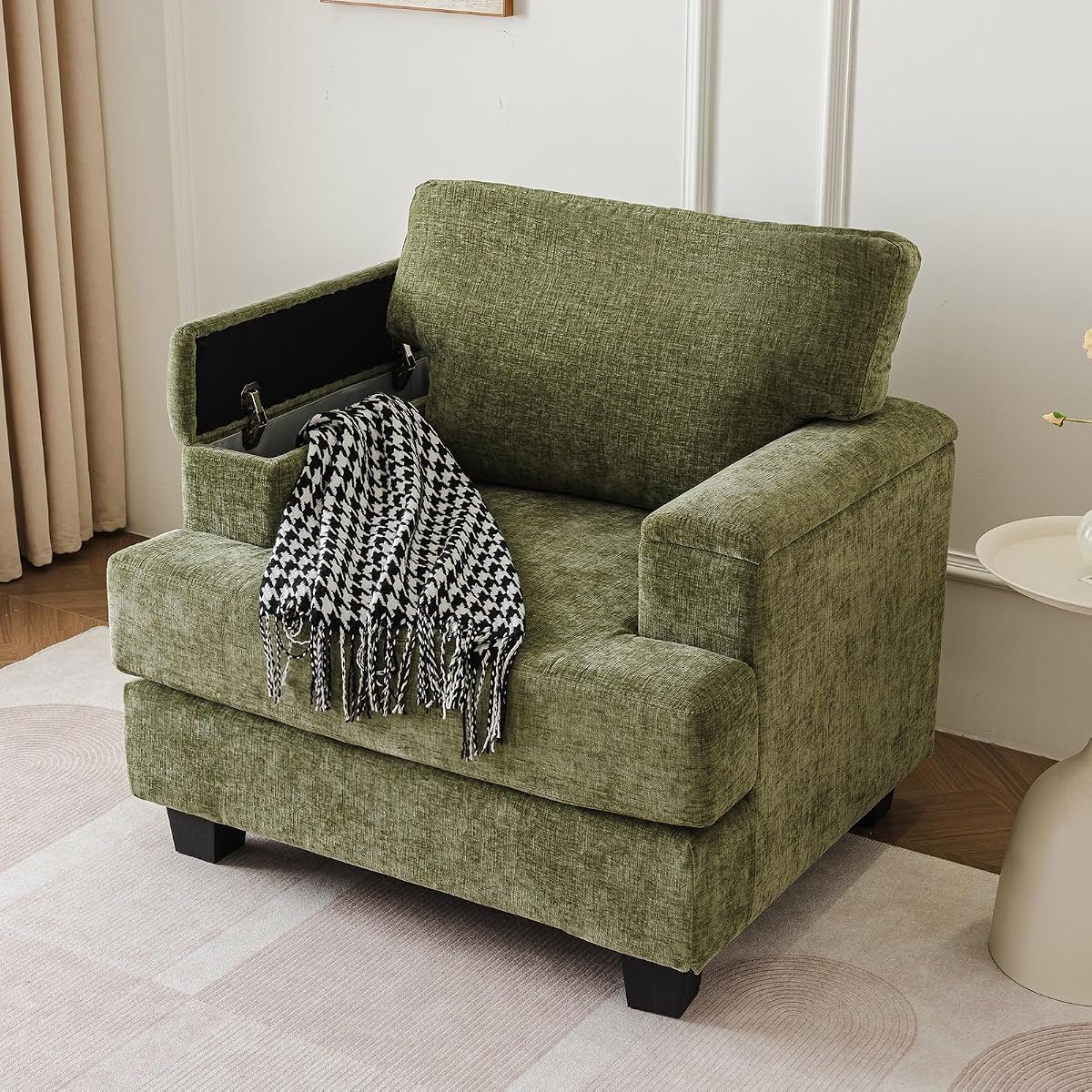Oversized Accent Chair with Armrest Organizer,Comfy Living Room Chairs with 7.8'' Cushion,Upholstered Mid-Century Armchair,Large Reading Chair for Bedroom Living Room,Office,Chenille,Green